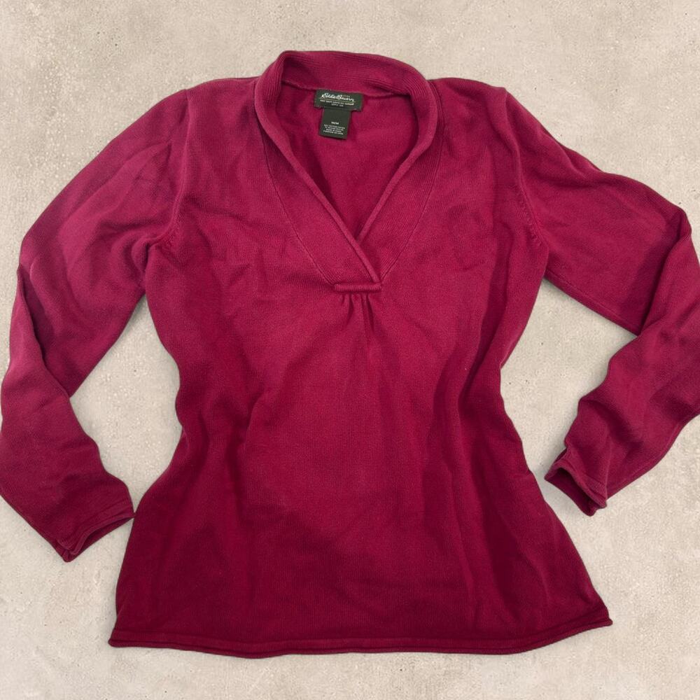Vintage sweater burgundy red v-neck gathered Eddie Bauer M